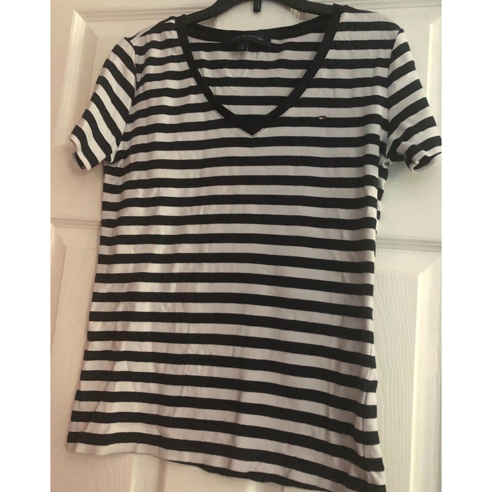 Women's Tommy Hilfiger White and Blue Stripe T-Shirt Size Small B1